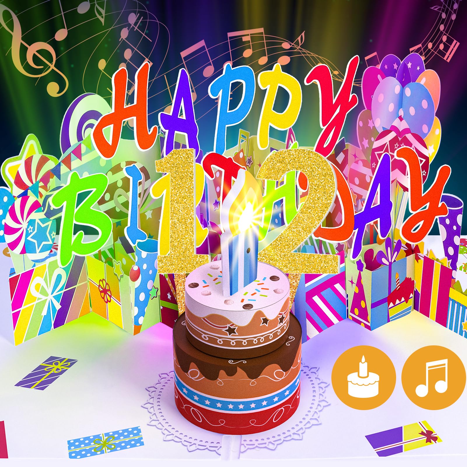 Gumry 12 Musical Birthday PopUp Card, Blowable Colorful Light